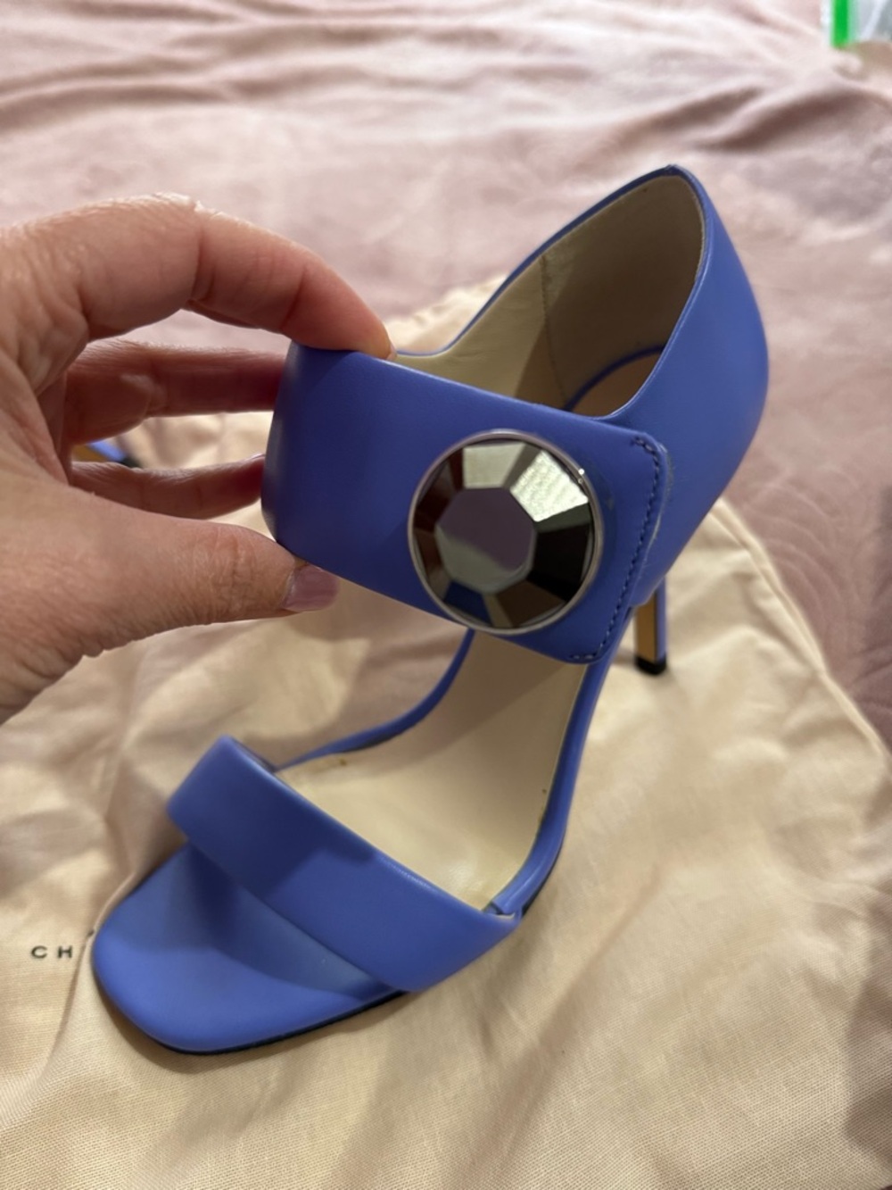 Christopher Kane Periwinkle Blue Stiletto Sandal with Faceted Disc.